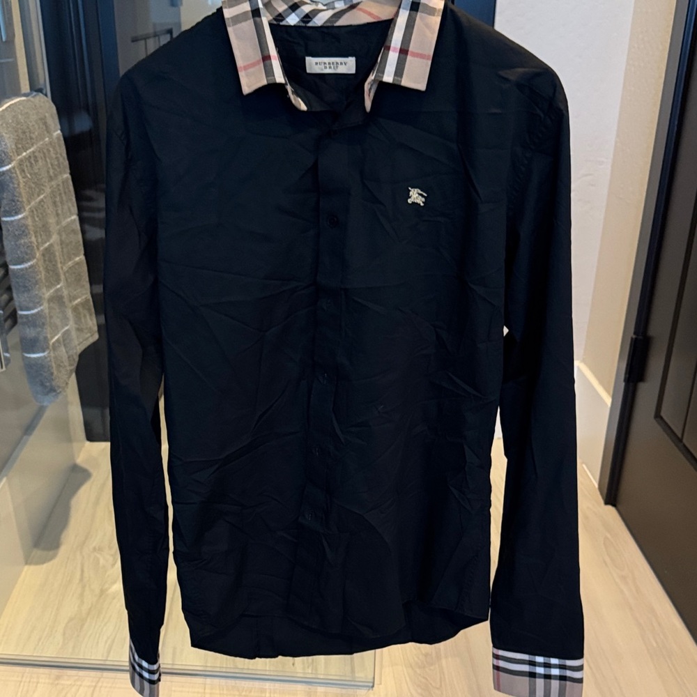 Burberry Black Shirt with Plaid Collar and Cuffs
